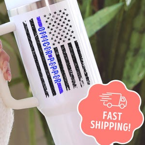 Personalized Police Tumbler, Thin Blue Line Custom Law Enforcement Gift, Police Retirement 40oz Tumbler Handle, Cop Appreciation Travel Mug