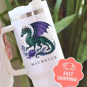 Personalized Dragon Tumbler, 40oz Name Tumbler With Handle, Custom Fantasy Dragon Lovers Gift, Mythical Creature Aesthetic Cup, Dragon Mug