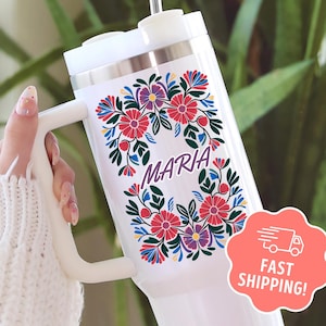 Mexican Embroidery Floral Personalized Tumbler, Custom Floral Mexicano Cup, Otomi Flower Mexican Embroidered Pattern 40oz Mug, Latina Gift