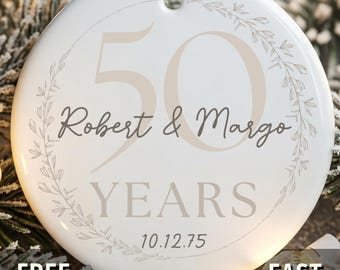 Personalized 50th Wedding Anniversary Ornament, Custom 50 Year Milestone Keepsake Gift For Parents, Married Golden 50th Christmas Gift