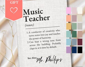 May include: A personalized gift featuring the text "Music Teacher" with a definition and the name "Mr. Phillips." The design includes a heart icon and a palette of color swatches. The background has a textured, off-white appearance.