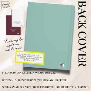 Pode incluir: Uma capa de livro azul-turquesa com as palavras "BACK COVER" em texto preto grande. Um ret&acirc;ngulo amarelo com o texto "I PROMISE TO LOVE YOU MORE TOMORROW THAN I DO TODAY, AND EVERY DAY THEREAFTER" est&aacute; na capa. As palavras "Comfort & Joy Co." est&atilde;o no canto superior esquerdo.