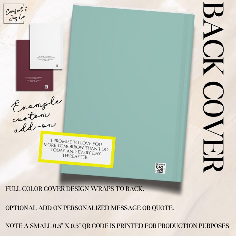 Pode incluir: Uma capa de livro azul-turquesa com as palavras "BACK COVER" em texto preto grande. Um ret&acirc;ngulo amarelo com o texto "I PROMISE TO LOVE YOU MORE TOMORROW THAN I DO TODAY, AND EVERY DAY THEREAFTER" est&aacute; na capa. As palavras "Comfort & Joy Co." est&atilde;o no canto superior esquerdo.