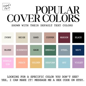 Pode incluir: Imagem mostrando uma tabela de cores intitulada "POPULAR COVER COLORS" com uma variedade de amostras de cores. As cores incluem marfim, bege, areia, cobre, bord&ocirc;, preto, rosa, pau-rosa, s&aacute;lvia, esmeralda, a&ccedil;o, marinho, goma de mascar, p&ecirc;ssego, dourado, espuma do mar, c&eacute;u e violeta.