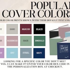 Peut inclure: Image pr&eacute;sentant une s&eacute;lection de couleurs de couvertures de livres : Ivoire, Sable, Bordeaux, Noir, Rose, Bois de rose, Sauge, &Eacute;meraude, Violet, Ciel, Acier et Marine. Le texte indique "COULEURS DE COUVERTURES POPULAIRES".