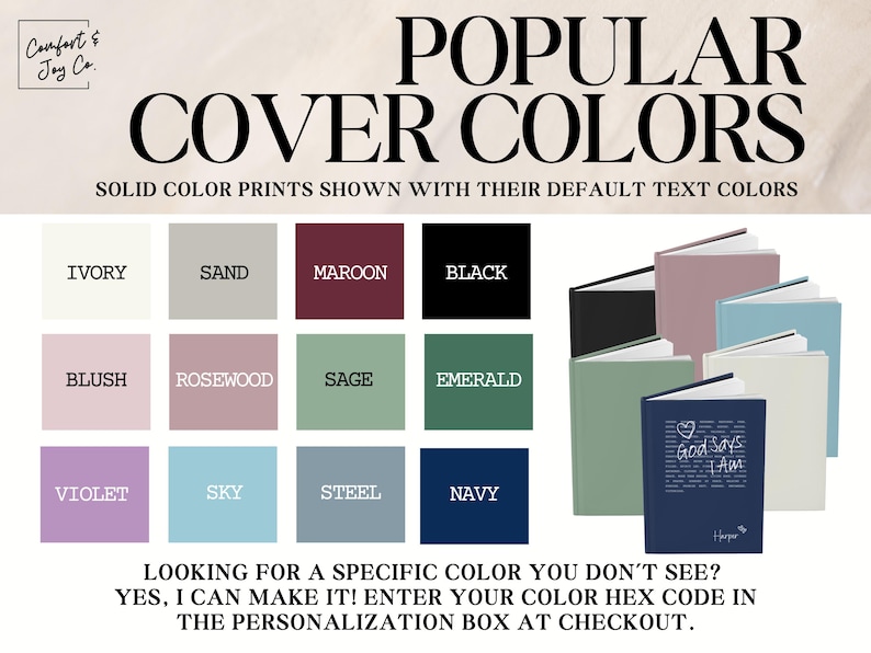 Peut inclure: Image pr&eacute;sentant une s&eacute;lection de couleurs de couvertures de livres : Ivoire, Sable, Bordeaux, Noir, Rose, Bois de rose, Sauge, &Eacute;meraude, Violet, Ciel, Acier et Marine. Le texte indique "COULEURS DE COUVERTURES POPULAIRES".