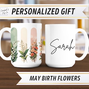 Personalized Birth Flower Ceramic Mug, May Birthday Gift for Women Teens, Custom Name Coffee Lover Gift, Personal Mother&#39;s Day Tea Tumbler