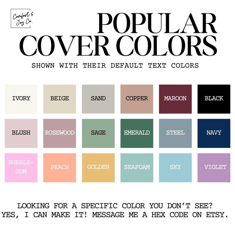 K&ouml;nnte beinhalten: Eine Tabelle mit beliebten Coverfarben f&uuml;r ein Produkt, mit ihren Standard-Textfarben. Die Farben umfassen Elfenbein, Beige, Sand, Kupfer, Rotbraun, Schwarz, Rouge, Rosenholz, Salbei, Smaragd, Stahl, Marineblau, Kaugummi, Pfirsich, Gold, Meeresschaum, Himmelblau und Violett.
