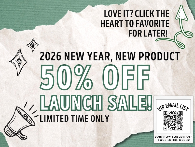 Peut inclure: Publicit&eacute; sur fond textur&eacute; avec le texte "2026 NOUVELLE ANN&Eacute;E, NOUVEAU PRODUIT 50% DE R&Eacute;DUCTION VENTE DE LANCEMENT ! DUR&Eacute;E LIMIT&Eacute;E." Comprend un code QR pour une liste VIP et le texte "AIMEZ-VOUS ? CLIQUEZ SUR LE COEUR POUR FAVORISER PLUS TARD !"