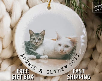 Custom Cat Photo Ornament With Personalized Picture and Names, Cat Lady Christmas Bauble Gift, Pet Owner Keepsake for Cat Lover Secret Santa