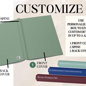 Peut inclure: Un cahier vert sauge avec le texte "PERSONNALISEZ-LE". Des instructions sont fournies pour personnaliser la couverture avant, le dos et la couverture arri&egrave;re. Des exemples de texte incluent des noms et des titres.