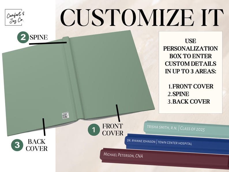 Peut inclure: Un cahier vert sauge avec le texte "PERSONNALISEZ-LE". Des instructions sont fournies pour personnaliser la couverture avant, le dos et la couverture arri&egrave;re. Des exemples de texte incluent des noms et des titres.