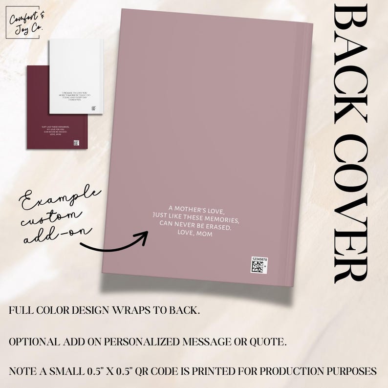 K&ouml;nnte beinhalten: Ein rosa Buchcover mit dem Text "BACK COVER" in gro&szlig;en wei&szlig;en Buchstaben. Die R&uuml;ckseite des Covers enth&auml;lt ein Zitat, das lautet: "Die Liebe einer Mutter, genau wie diese Erinnerungen, kann niemals ausgel&ouml;scht werden. Liebe, Mama".