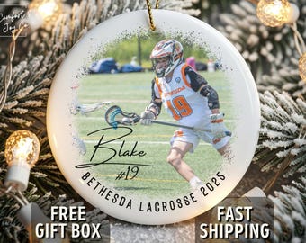 Lacrosse Player Photo Ornament, Personalized Lacrosse Mom Christmas Gifts, Hockey Team Keepsake Sports Ornament Custom Name Jersey Number