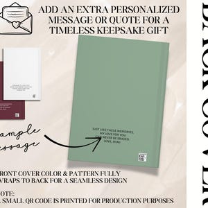 Peut inclure: Image promotionnelle d'un cadeau souvenir personnalis&eacute;. L'image pr&eacute;sente un journal vert avec du texte, un journal bordeaux et un journal blanc. Le texte comprend un exemple de message et des informations sur le design et un code QR.