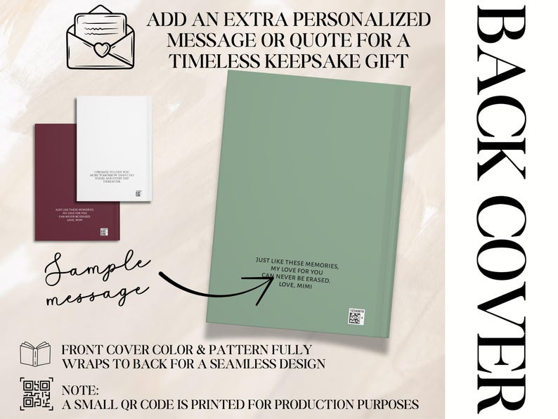 Peut inclure: Image promotionnelle d'un cadeau souvenir personnalis&eacute;. L'image pr&eacute;sente un journal vert avec du texte, un journal bordeaux et un journal blanc. Le texte comprend un exemple de message et des informations sur le design et un code QR.