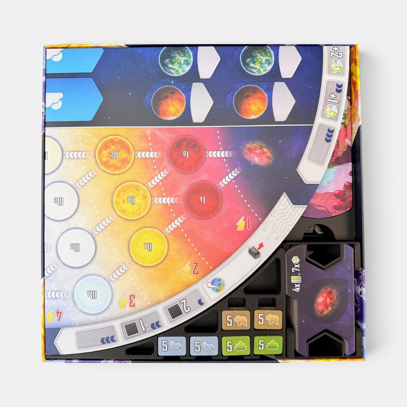 K&ouml;nnte beinhalten: Eine quadratische Brettspielschachtel mit einem kreisf&ouml;rmigen Spielplan zum Thema Weltraum, der Planeten, Sonnen und eine geschwungene Leiste mit numerischen Anzeigen zeigt. Die Schachtel enth&auml;lt einen schwarzen Kunststoffeinsatz mit Spielpl&auml;ttchen.