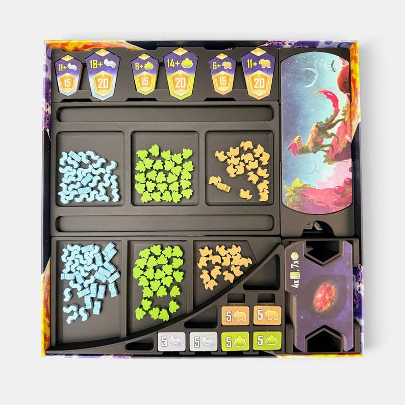 K&ouml;nnte beinhalten: Ein Brettspiel-Organizer mit verschiedenen Spielkomponenten. Er verf&uuml;gt &uuml;ber F&auml;cher, die mit hellblauen, lindgr&uuml;nen und beigen tierf&ouml;rmigen Spielsteinen gef&uuml;llt sind, sowie nummerierte Punktemarker, rechteckige Karten und eine gro&szlig;e illustrierte Karte.