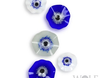 Blown Glass Wall Art Flower Collection - 5 Piece Sapphire Blue, White and Light Grey Poppy Flowers