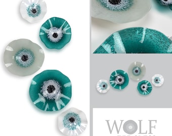 Blown Glass Wall Art Flower Collection - 5 Piece Teal Green, White and Light Grey Poppy Flowers