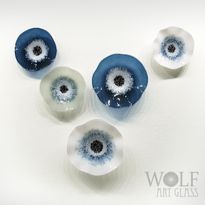 Blown Glass Wall Art Flower Collection - 5 Piece Denim Blue, White and Gray Poppy Flowers