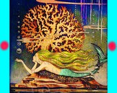 s446 Cute ART DECO QUILT Fabric Vintage Mermaid Fabric Block Panel for Quilting.