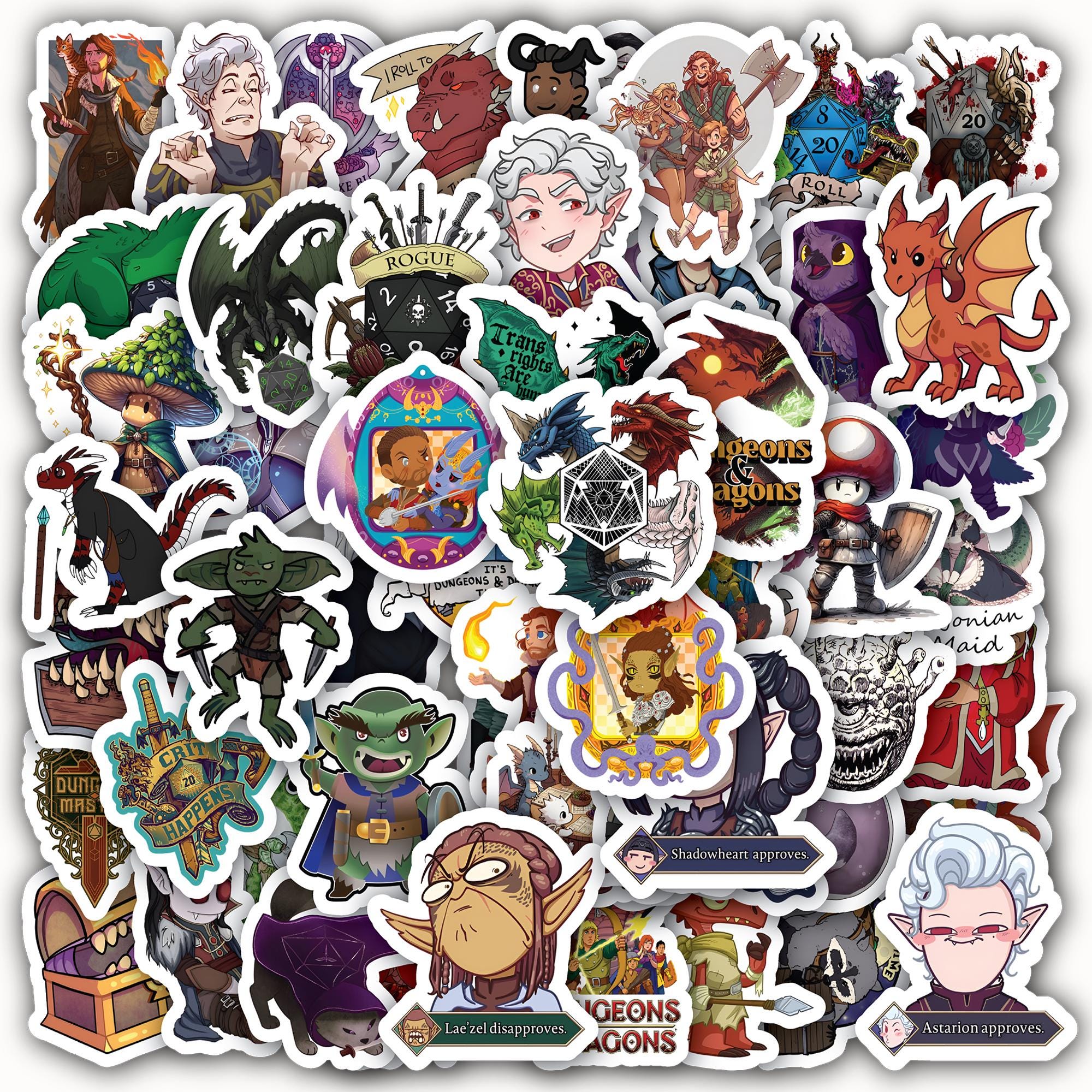 Set 60 Dungeons & Dragons Waterproof Vinyl Stickers Sheet – Fantasy-Themed DnD Decals for Players, DMs and Adventurers