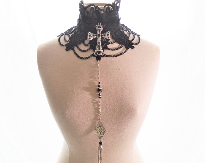 Victorian Gothic Silver and Black Cross Choker Ruffle Velvet Choker ...