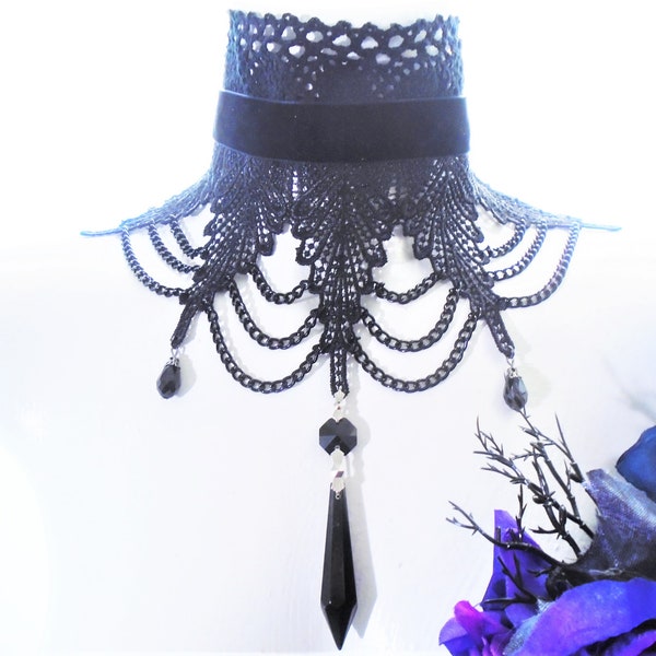 Wild Huntress ~ Gothic Choker ~ Fantasy ~Witch ~ Black Crystal Pendant ~ Victorian ~ Black Lace Choker ~ Chain Necklace ~ Event choker