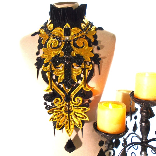 Black and Gold Cross and Sword Collar ~ Sword Necklace ~ Sequin Necklace ~ Fantasy Necklace ~ Gothic ~ Victorian ~ Renaissance ~Ooak Jewelry
