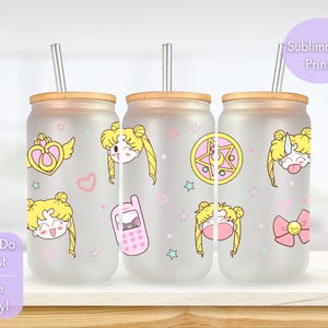 Sailorr Moon Decal Inspired Fan Art| 16oz Frosted Libby Glass | Reusable cup | Cup with lid/straw | Anime | Birthday Gift |