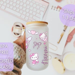 Kitty & Hearts  | 16oz Customized Frosted Libby Glass | Custom Kitty reusable cup | Cup with lid and straw | Valentines Day Custom Gift