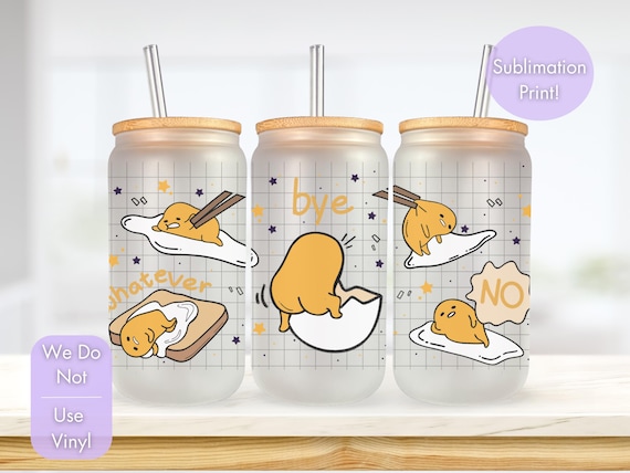 Gudetama Frosted Libby Glass Cup | Fan Art with Lid and Straw