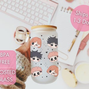 Itadori x Megumi x Nobara Chibi Inspired | 16oz Libby Glass | Reusable cup | Cup with lid and straw | Japanese anime | Manga | Birthday Gift