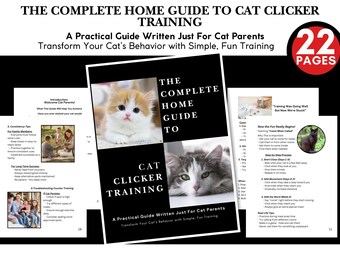 Pode incluir: Uma capa de livro preto e branco com o título "The Complete Home Guide to Cat Clicker Training". A capa apresenta dois gatos, um laranja e branco e outro cinza e branco, e o texto "A Practical Guide Written Just For Cat Parents".