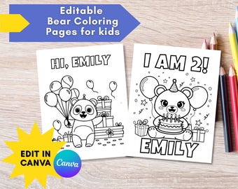 Bewerkbare kleurplaten thema teddybeer, afdrukbaar activiteitenblad verjaardagsfeestje, aangepaste naam en leeftijd, feestgunst downloaden, kleurplacemat