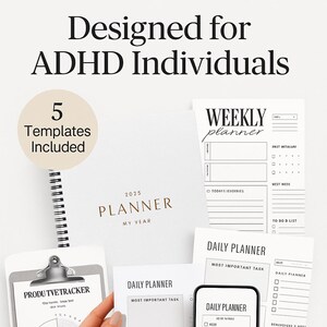 Puede incluir: Un conjunto de planificadores imprimibles y digitales diseñados para personas con TDAH. La imagen muestra un planificador encuadernado en espiral, planificadores semanales y diarios, y un rastreador de productividad, junto con un teléfono inteligente.
