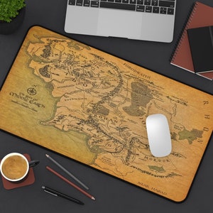 Alfombrilla de ratón con mapa de la Tierra Media, mundo de fantasía vintage, alfombrilla de ratón de alta calidad, alfombrilla de escritorio con mapa de aventuras antiguo, impresión de alta calidad