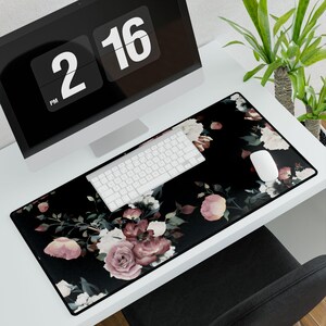 Black Floral Mouse Pad, Wildflower Mousepad, High Quality Mousepad, Nostalgia Floral Art Desk Mat, High Quality Print