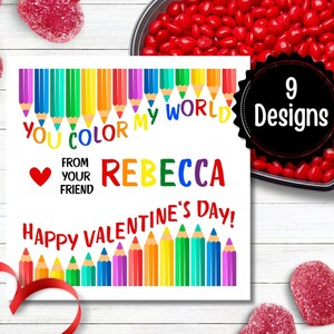 Kids Crayon Valentine Stickers | You Color My World Valentine Stickers | Crayon Stickers | Rainbow Stickers | Rainbow Crayon Valentine