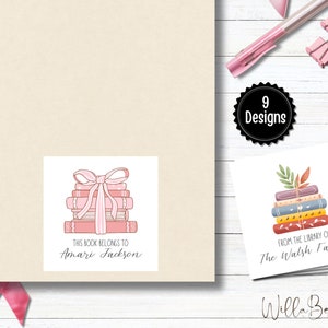 Books & Bows Bookplates | Book-Themed Bookplates | Pink Books | Ribbons and Bows Bookplates | Book Lover Gifts | Kids Book Gifts