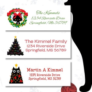 Kerstpostetiketten Black Cat | Black Cat-kerst | Kerst cartoon kat | Postetiketten Black Cat | Postetiketten cartoon kat