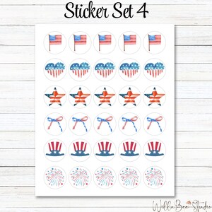 Pu&ograve; includere: Un foglio di 36 adesivi rotondi con vari disegni patriottici. I disegni includono bandiere americane, cuori, stelle, fiocchi, cappelli a cilindro e fuochi d'artificio. Gli adesivi sono bianchi con accenti rossi, bianchi e blu.