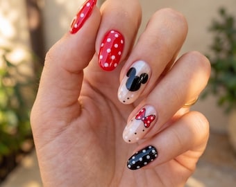 Cute Minnie Mouse Press On Nails, Red Black Polka Dot Nails, Classic Disney Inspired Manicure, Kawaii Bow Nail Art, Glossy Almond Press Ons
