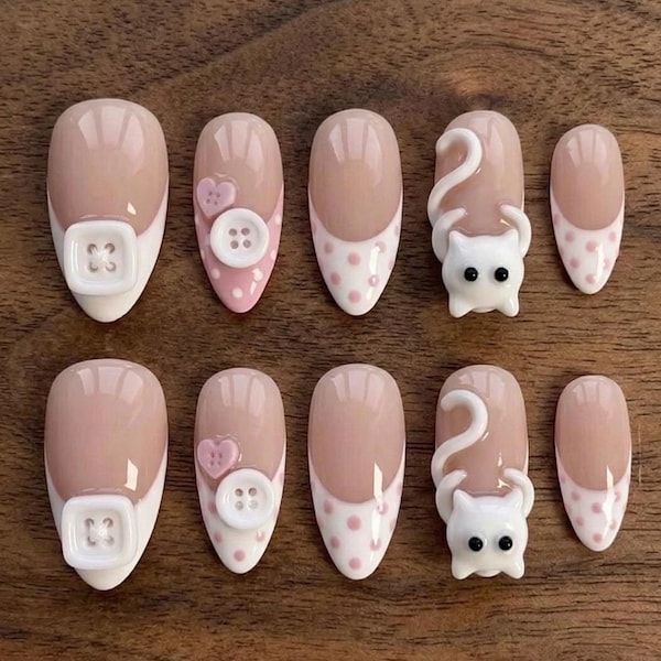 Cute 3D Cat & Button Press-On Nails – Pink Polka Dot Kawaii Nail Set