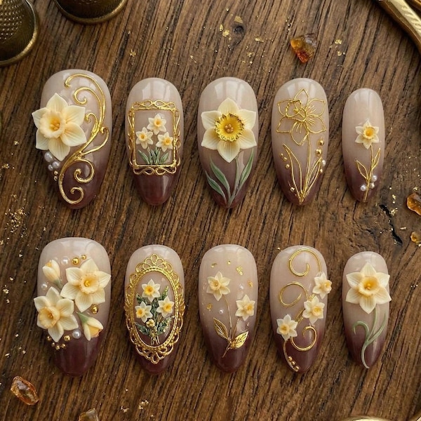 December - Daffodil Flower Vintage Press On Nails Almond Shape, Gold Frame Floral Elegant Nail Set for Mom, Mother’s Day Gift