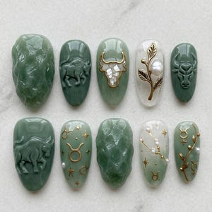 Taurus - Zodiac Press On Nails Green Jade Almond Set, Gold Astrology Bull Celestial Elegant Nail Design for Mom, Mother’s Day Gift