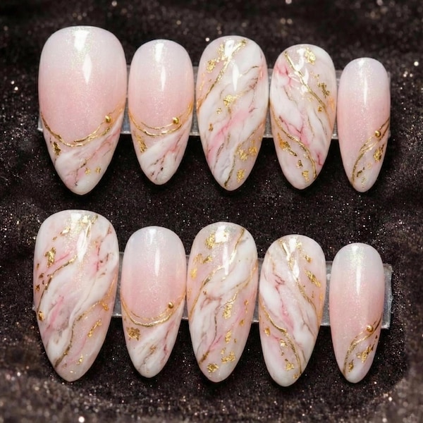 Luxury Blush Pink Marble Press On Nails with Gold Foil Accents – Elegant Almond Bridal Glam Nail Set