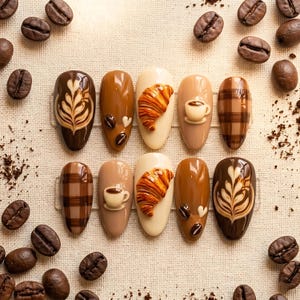 Puede incluir: Un juego de diez uñas postizas con diseños de café que incluyen arte latte, formas de croissant en 3D, granos de café, corazones pequeños, tazas de café y patrones de cuadros marrones en tonos crema, beige, moca y chocolate oscuro.