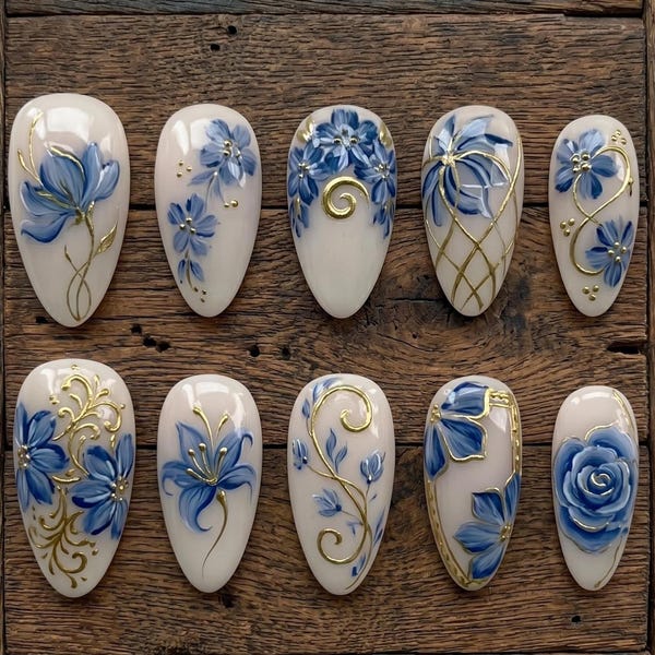 Blue Floral Press On Nails, Hand Painted Flower Nails with Gold Details, Elegant Vintage Nail, Porcelain Style Nails, Reusable Glue On Nails